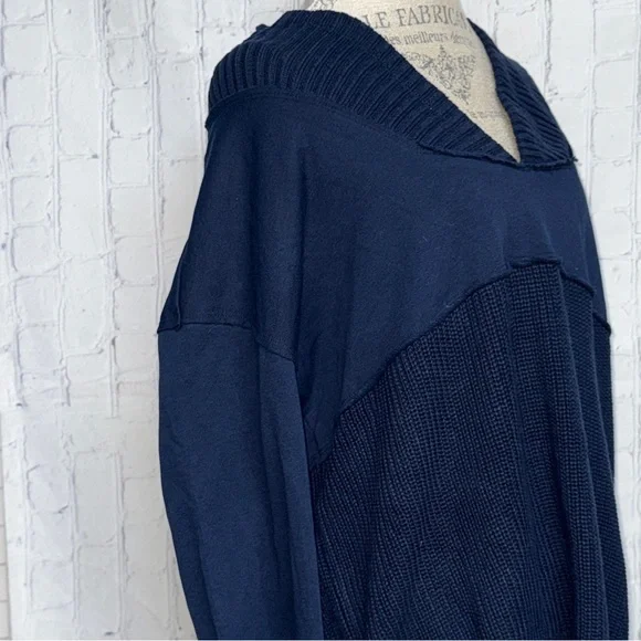 Navy Blue Knit Flowy Sweater with Hood - Picture 3 of 5